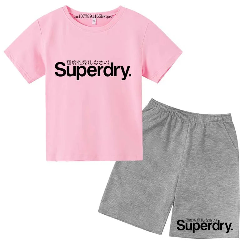 Kids Summer Casual Letter Print Breathable Tees+Short Pants 2pcs Suits 2-13 Years Boys Girls Fashion Outfits Children Clothes