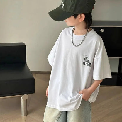 Black Graffiti Letters Pure Cotton Short Sleeve T-Shirt for Tween Boys Loose Fit Summer Youthful Wear Kids Outerwear Clothing