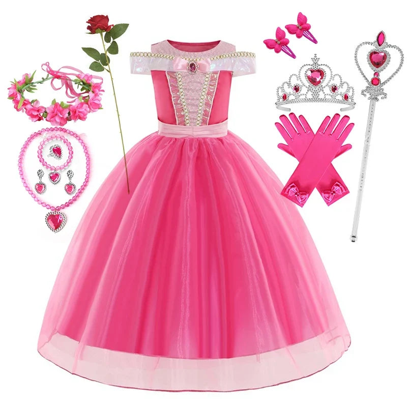 Sleeping Beauty Aurora Princess Dress Cosplay Off Shoulder Kids Gifts Fancy Halloween Party Girl Baby Lace Dress Set