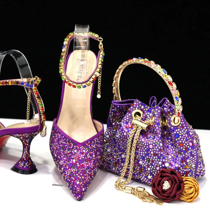 2023 Italian Design Luxury Women's Shoes And Bag Set, Full Diamond Decoration Metal Closure Bag