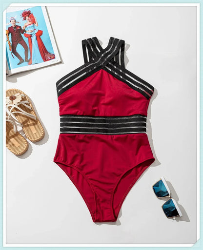 Solid Mesh Tape Swimsuit 2026 One Piece Sexy High Neck Swimwear Women Cross Front Bathing Suit Female Padded Beachwear Bodysuit