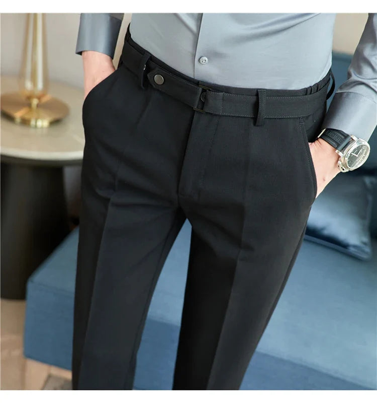Fashion Belt Decoration Design Men's Suit Pants High Quality Business Slim Fit Casual Straight Formal Wedding Party Trousers