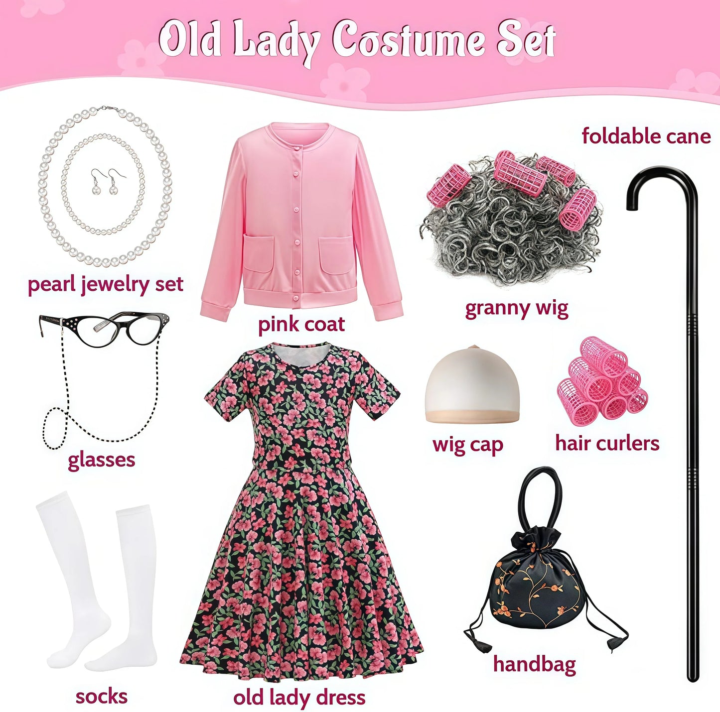 Baby Girl Celebrating 100th School Days Funny Cosplay Costumes Dress Granny Girl Cosplay Floral Old Lady Dress Up With Cane