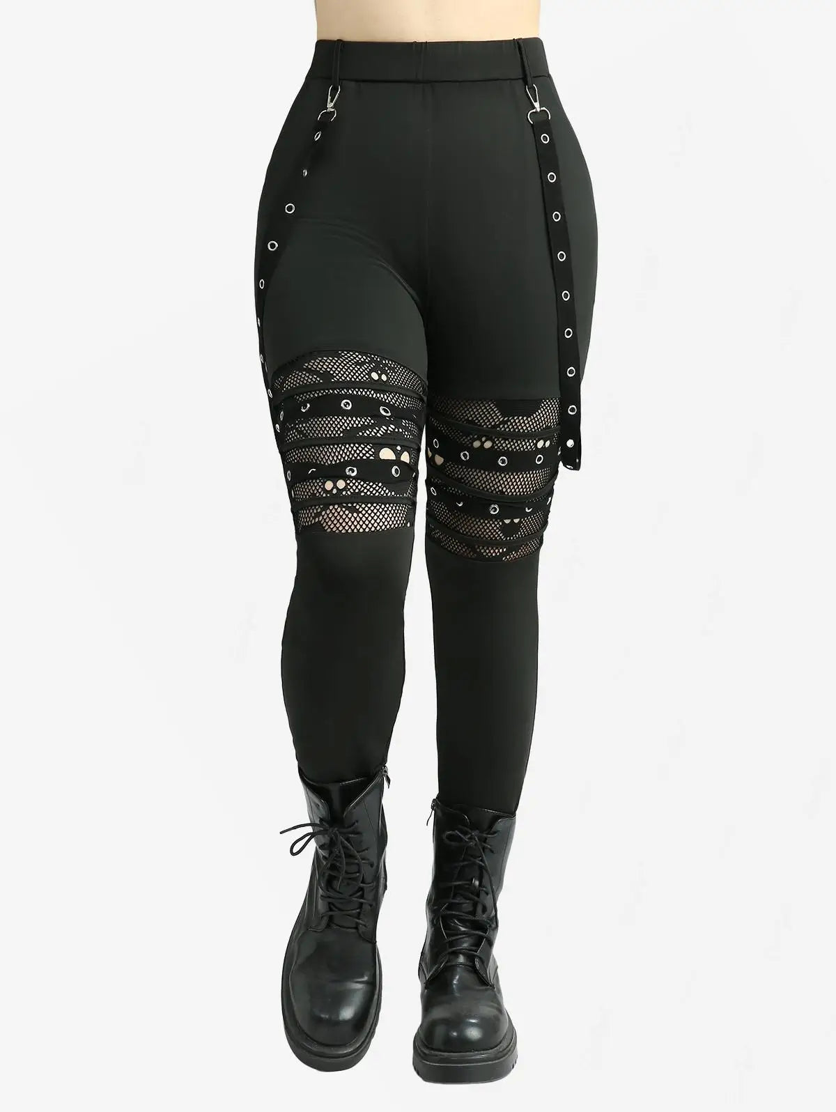 Plus Size Leggings Women Casual Black Trousers Skull Hollow Out Fish Net Patchwork Grommets Straps Pencil Pants Mujer