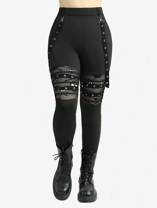 Plus Size Leggings Women Casual Black Trousers Skull Hollow Out Fish Net Patchwork Grommets Straps Pencil Pants Mujer