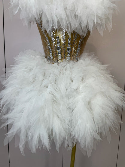 2025Women Sexy Backless Strap Mesh Fluffy Skirt 2 Pieces Diamond Sequins Stage Performance Costume Birthday Party Shooting Dress