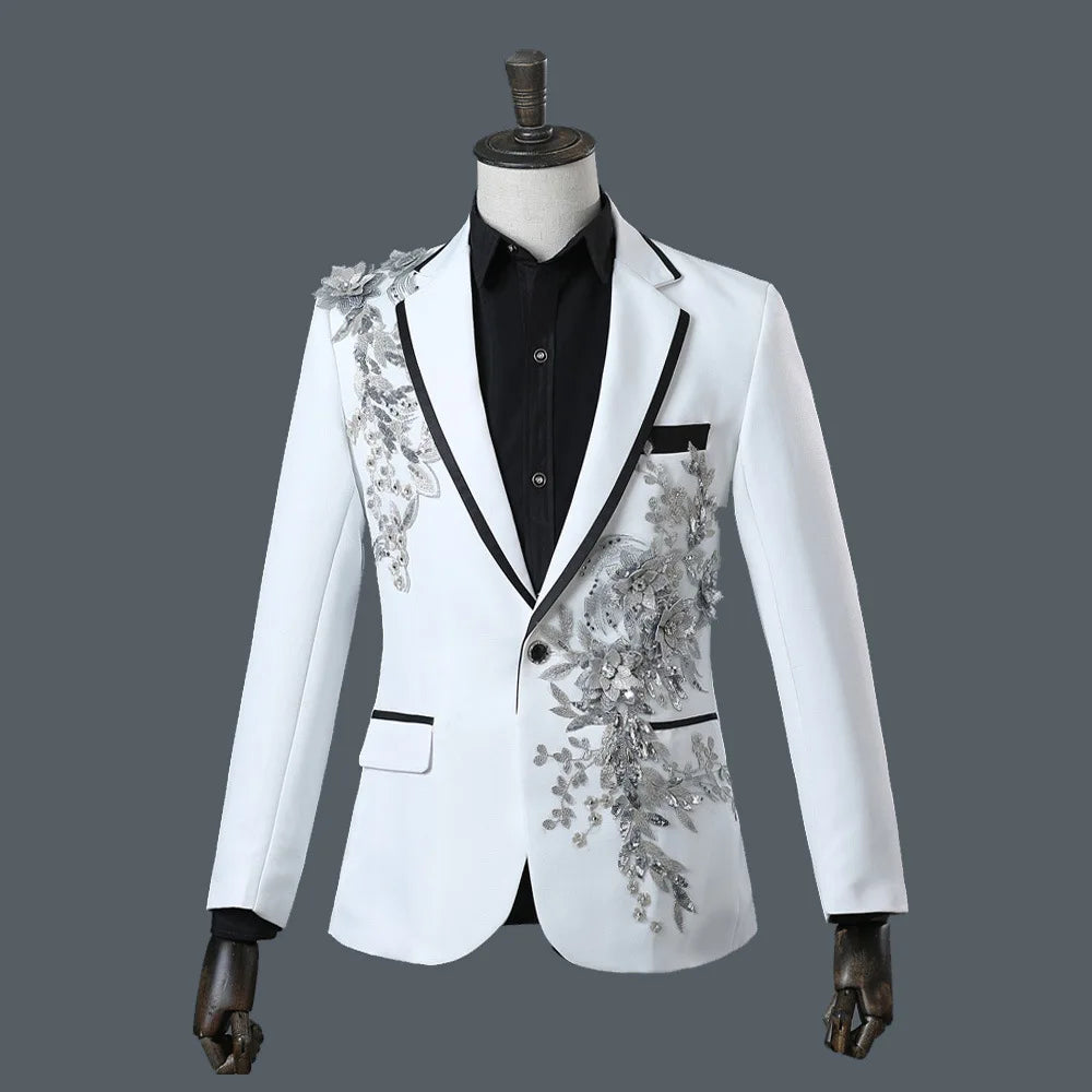 Host Singer Stage Nightclub Bar Performance Dress Set,Three-dimensional Double-sided Flower and Diamond Inlaid Men Suits 2-piece