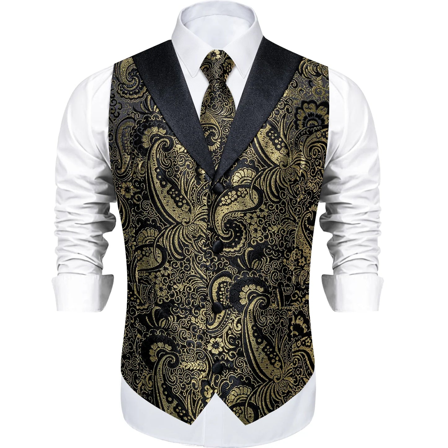Men's Paisley  Suit Vest with Macthing Golden Paisley Neck Tie Handkerchief Cufflinks Wedding Prom Tuxedo Waistcoat