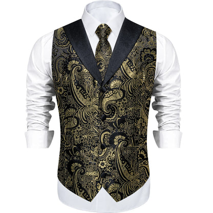 Men's Paisley  Suit Vest with Macthing Golden Paisley Neck Tie Handkerchief Cufflinks Wedding Prom Tuxedo Waistcoat
