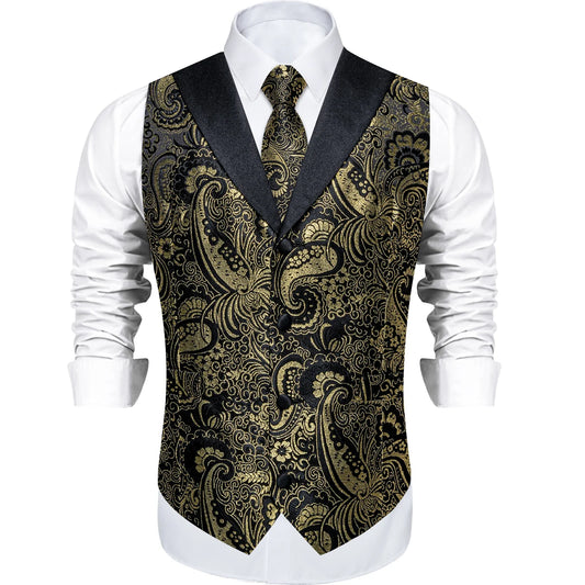 Men's Paisley  Suit Vest with Macthing Golden Paisley Neck Tie Handkerchief Cufflinks Wedding Prom Tuxedo Waistcoat