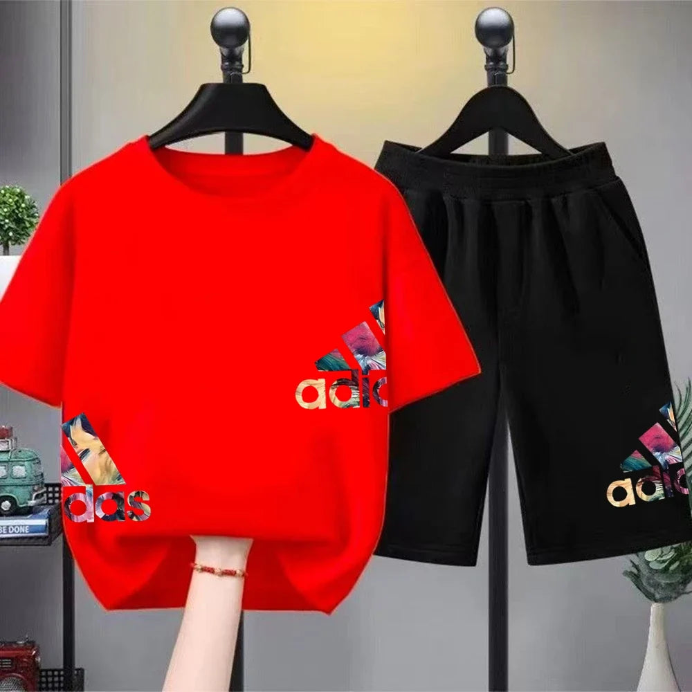 Summer Boys Girls Tee+Shorts Suit Children Short Sleeve T-Shirts Child Loose Casual Pink Black Fashion White Stamp Clothes