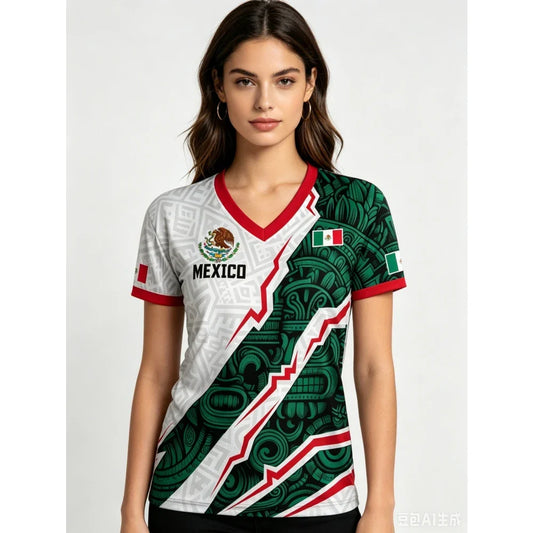 Mexico National Flag 3D Eagle Print Women's T-Shirts Casual V-neck Short Sleeve Tees Fashion Football Fan Summer Female Clothing