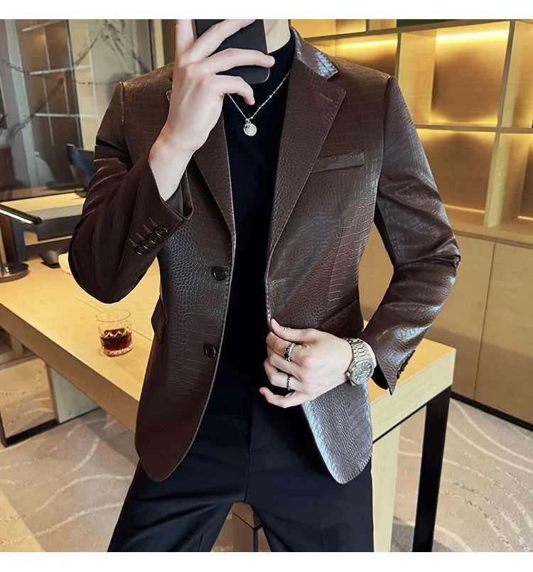 New High Quality Crocodile Stripe Slim Fit Leather Jacket Classic Business Casual Slim Fit Men Blazer Tuxedos Men Clothing 4XL-M