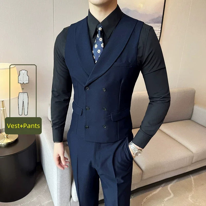 Men Luxury Double Breasted Design Solid Vest Formal Groom Wedding Dress Suit Vest Set Fashion Mens Club Singer Clothing 6XL-M