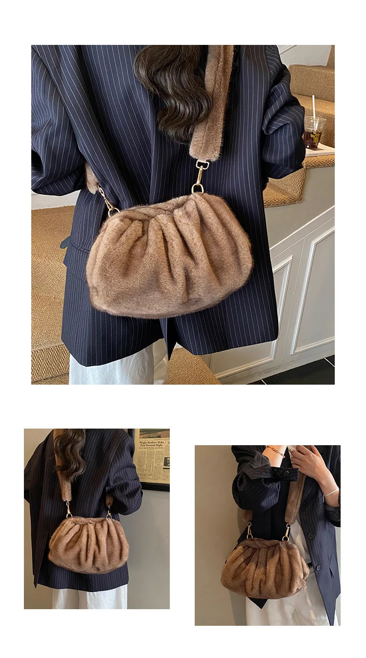 New Womens Shoulder Bag Fluffy Crossbody Bag Vintage Faux Fur Cloud Purse for Autumn Winter Commuting Simplified Storage Bags