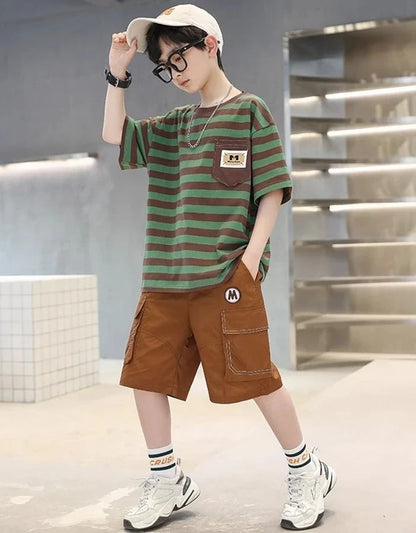 Stripes Children's Outdoor Clothes 4 Years Clothing Suit for Kids Boys Top Bottom Set Junior Shorts Summer Boy Child T-shirt 7 8
