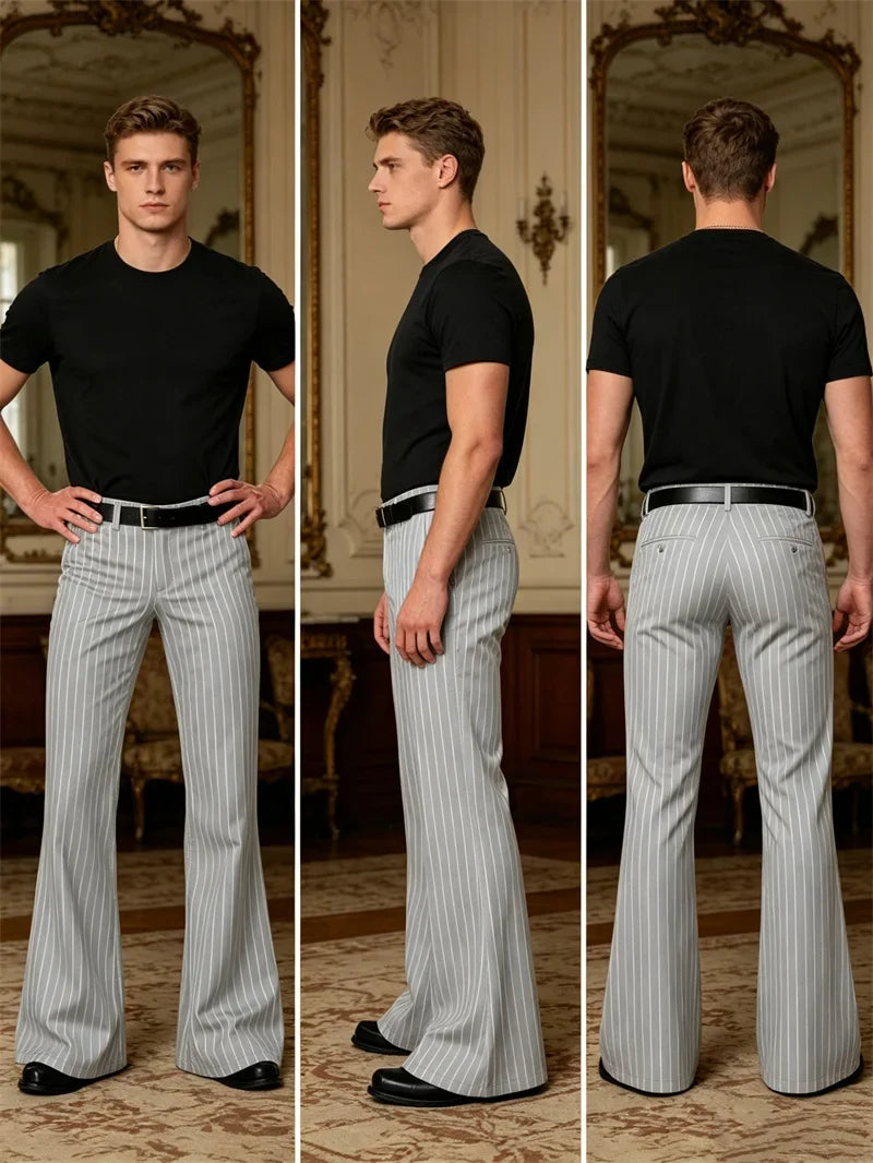 Men's Polyester Blend High Waist Flared Pinstripe Pants Soft Breathable Disco Party Retro Stage Nightclub Spring Summer Trousers
