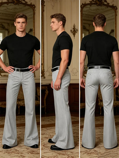 Men's Polyester Blend High Waist Flared Pinstripe Pants Soft Breathable Disco Party Retro Stage Nightclub Spring Summer Trousers