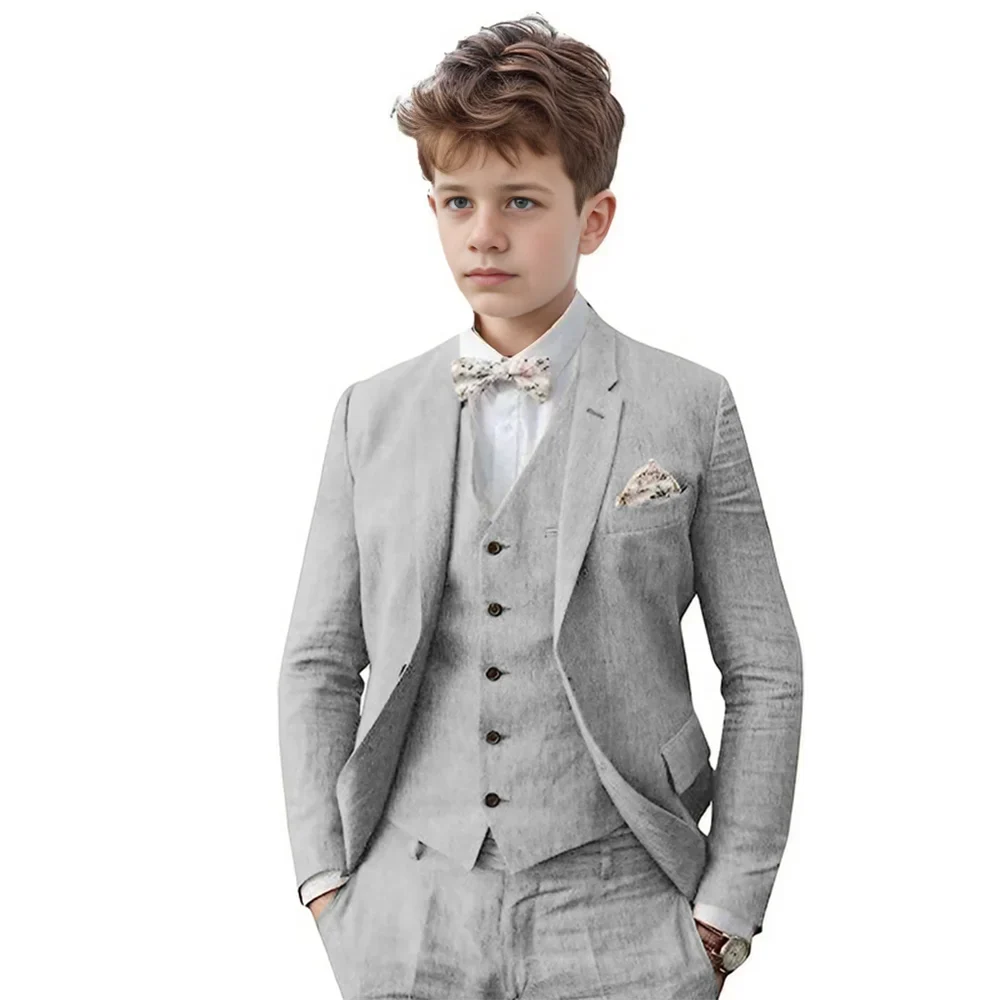 Breathable Linen Boys Suit Set 3 Pieces For Wedding Party,Notched Lapel Kids Suits Piano Performance Outfit Toddler 3-16Y
