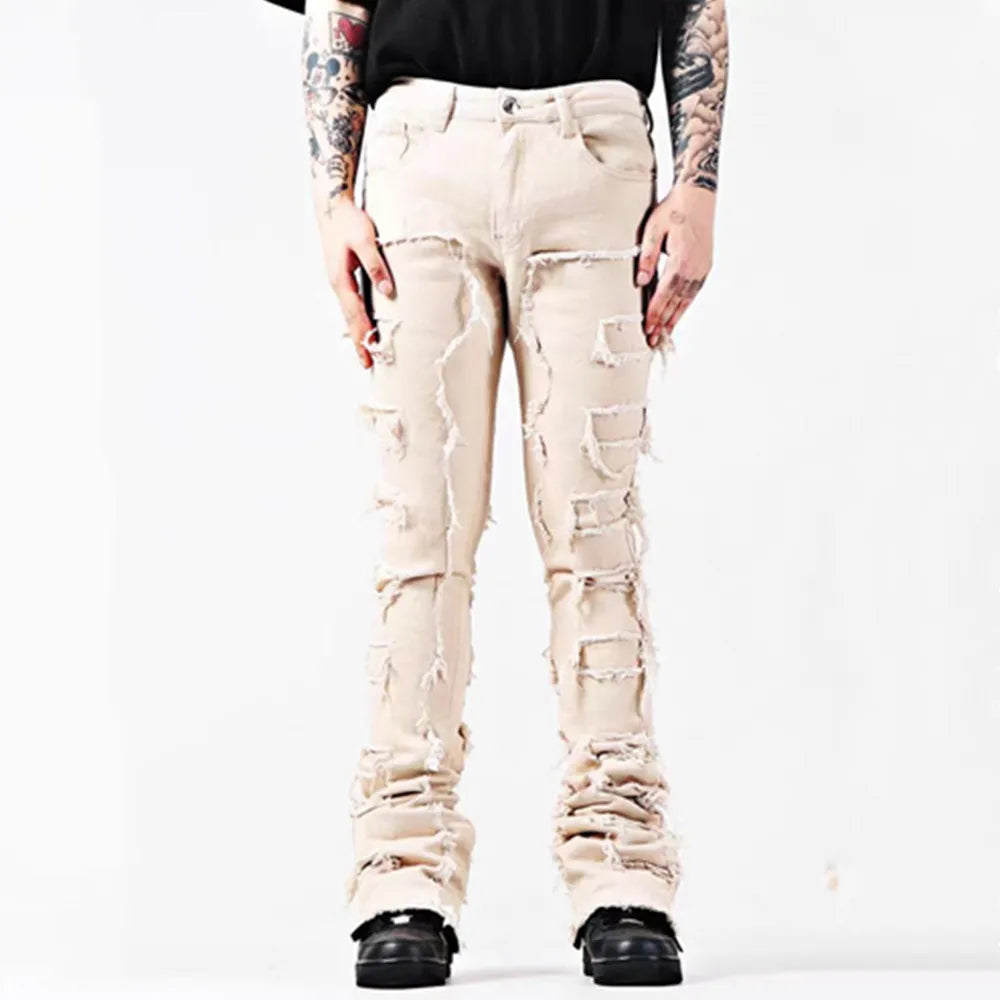 New European and American Heavyweight Streetwise Stretch Patch Jeans for Men, High Street Straight Fit Long Jeans16-3001
