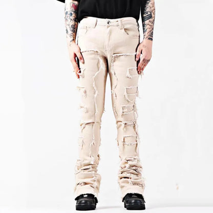 New European and American Heavyweight Streetwise Stretch Patch Jeans for Men, High Street Straight Fit Long Jeans16-3001