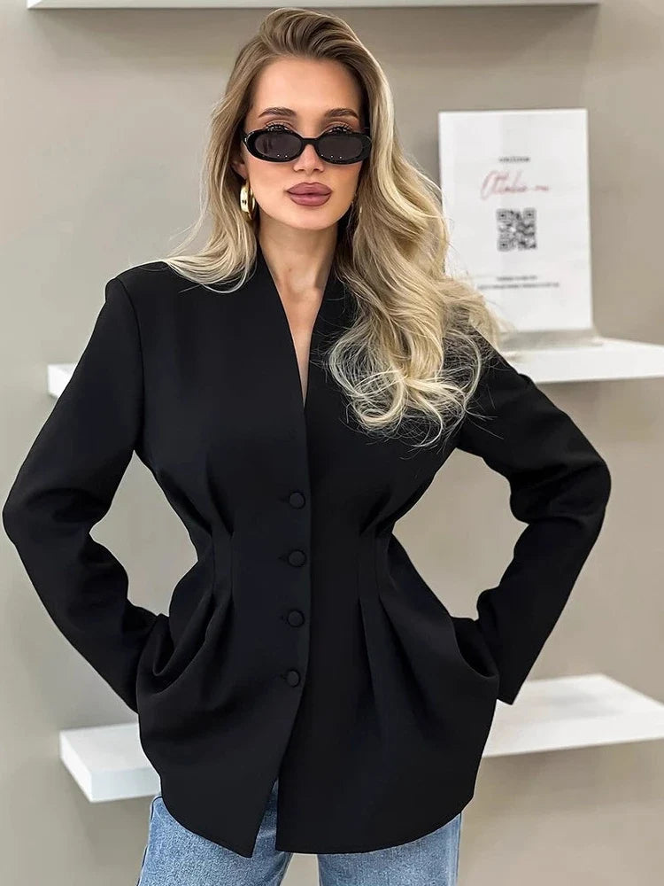 Elegant V-neck Tunics Black Suit 2026 Spring Women's Long Sleeve Single Breasted Slim Blazers Ruched Outerwear Streetwear