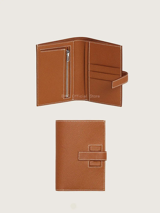 Portefeuille court en cuir Epsom véritable | Cousu à la main au point sellier avec du fil ciré | Plusieurs fentes pour cartes avec poche zippée | Portefeuille à deux volets