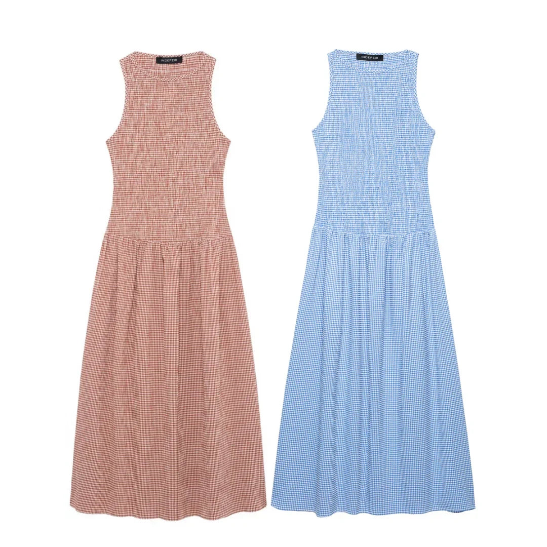 Dress for Women Fashion Summer New Plaid Fold Sleeveless O-neck Midi Vest Dresses French Chic Female Evening Clothing