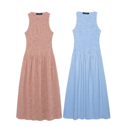 Dress for Women Fashion Summer New Plaid Fold Sleeveless O-neck Midi Vest Dresses French Chic Female Evening Clothing