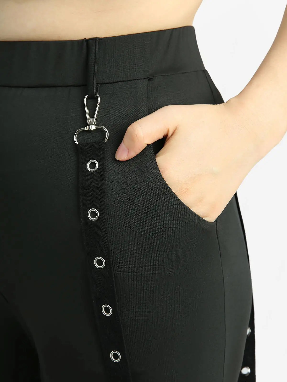 Plus Size Leggings Women Casual Black Trousers Skull Hollow Out Fish Net Patchwork Grommets Straps Pencil Pants Mujer