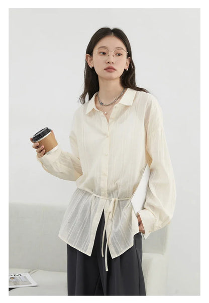 Women Shirt Textured Cotton Striped Waist Shirt Long Sleeves Female Sun Protection Blouses  Spring  Summer 2026