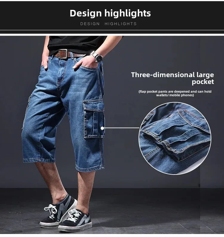 Amazon Summer Thin Loose-Fit Multi-Pocket Work Denim Shorts Casual Jeans Men's 5-Piece 7-Piece Ankle Length Blue Straight Leg