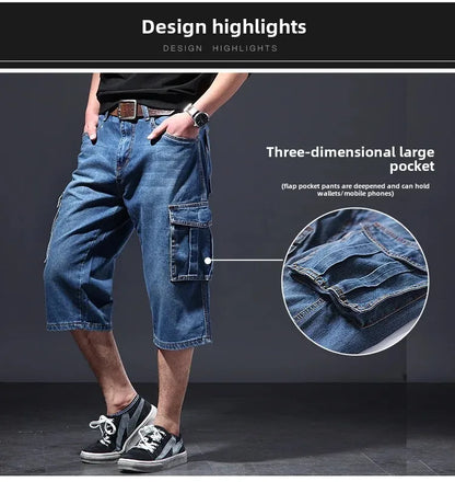 Amazon Summer Thin Loose-Fit Multi-Pocket Work Denim Shorts Casual Jeans Men's 5-Piece 7-Piece Ankle Length Blue Straight Leg