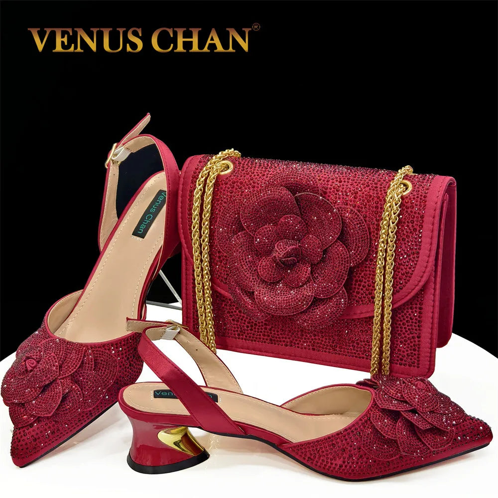 Fashion Ladies Evening Shoes And Bags Paired With Handmade Petal Wine Color Pointed Toe Mid-Heel Nigerian Women Party Shoes