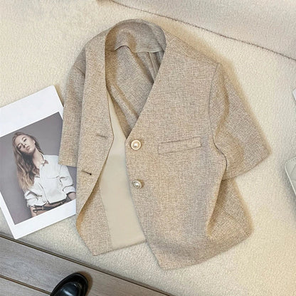 Light Coffee Short Sleeve Small Suit Jacket Female Thin 2025 Summer New Temperament Ladies Short Jacket Casual Women Blazer Tops