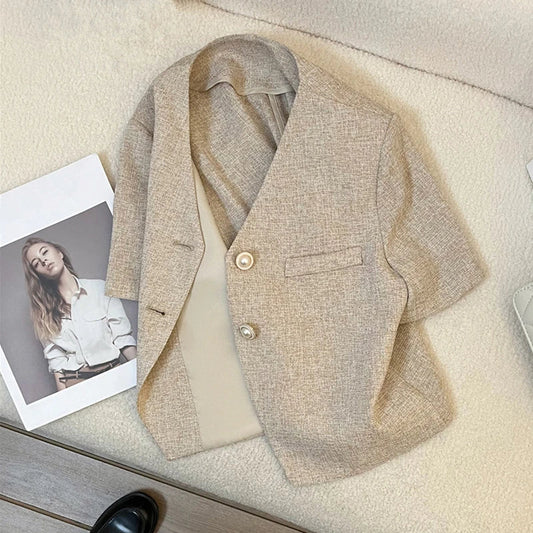 Light Coffee Short Sleeve Small Suit Jacket Female Thin 2025 Summer New Temperament Ladies Short Jacket Casual Women Blazer Tops