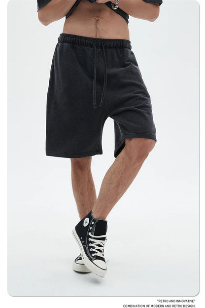 Fashion Summer Men 420gsm Washed Cotton Shorts Retro Unisex High Street Terry Knee Length Short Pants Streetwears HY0845