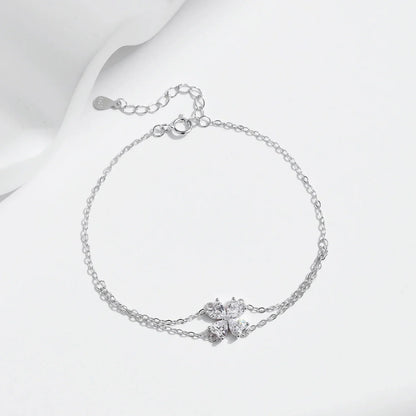 925 Sterling Silver Double Layer Flowers Hearts CZ Romantic Bracelet Luxury Adjustable Chain Link for Women Jewelry