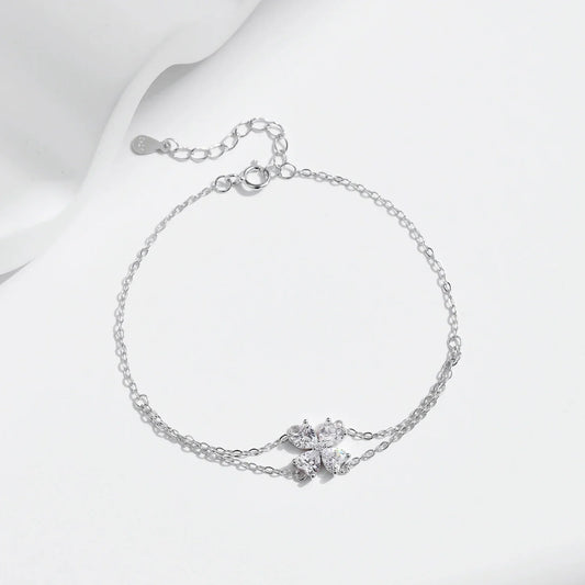 Bracelet double épaisseur cœurs et fleurs en argent sterling 925, oxyde de zirconium, romantique, de luxe, à maillons réglables pour femmes