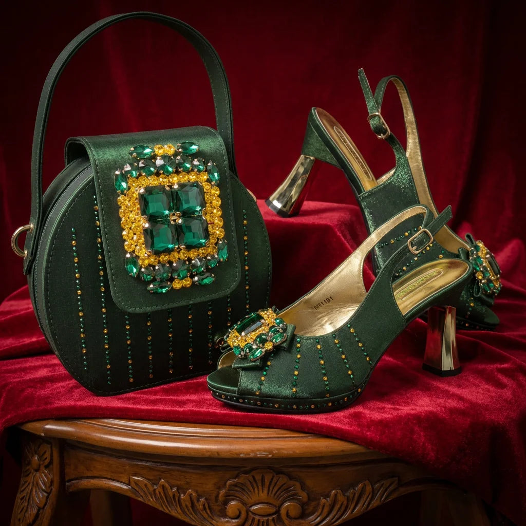 2026 New Brown Rhinestone Peep-Toe High Heel Sandals and Bag Set for Women –Elegant Italian Party Shoes Perfect for Wedding