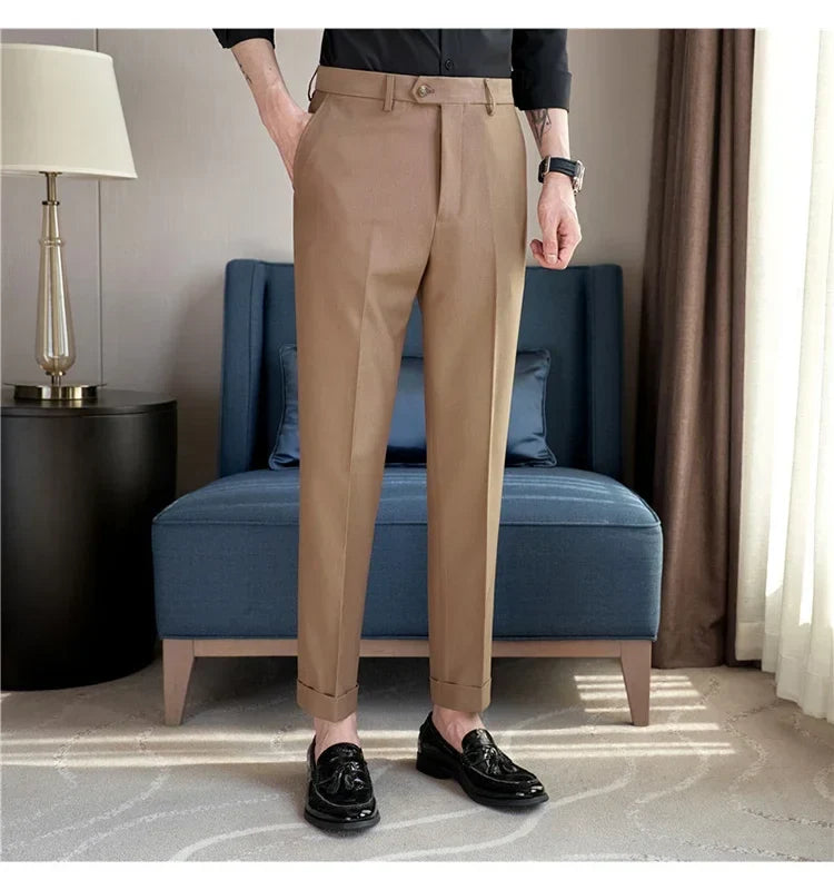 2024 New Men's Slim Fit Tapered Dress Pants Apricot Pearlescent Texture Business Casual Suit Trousers Spring Clothes