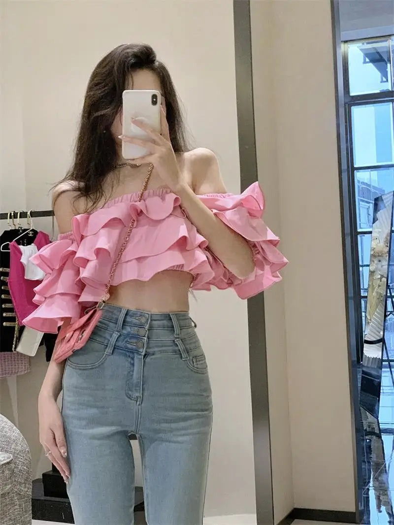 Off Shoulder Fashion Woman Blouse Stacked Ruffles Crop Top Shirt Summer Designer Short Sleeve Chiffon Sexy 2023 New