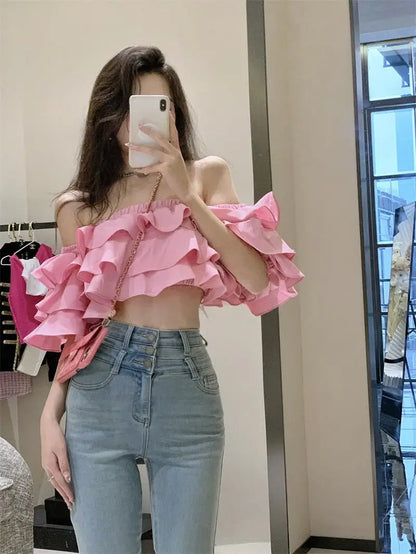Off Shoulder Fashion Woman Blouse Stacked Ruffles Crop Top Shirt Summer Designer Short Sleeve Chiffon Sexy 2023 New