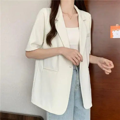 Loose Casual Thin Short Sleeve Women's Suit Jacket Summer New Style Korean Version Fashionable All-Match Lightweight Polyeste...