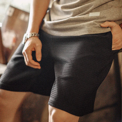 Retro Profile Waffle Fabric Shorts Loose Straight Thin Breathable Elastic Waist Basketball Shorts for Men's Summer