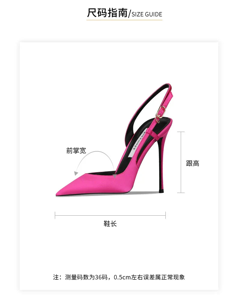 Rose red satin back tripe buckle sandals for women's new style slim heel and sexy European and American style single shoes