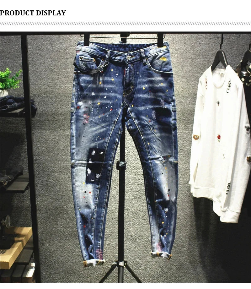 Street Fashion Men Jeans Retro Blue Stretch Slim Fit Spliced Ripped Jeans Men Painted Designer Hip Hop Vintage Denim Pants Homme