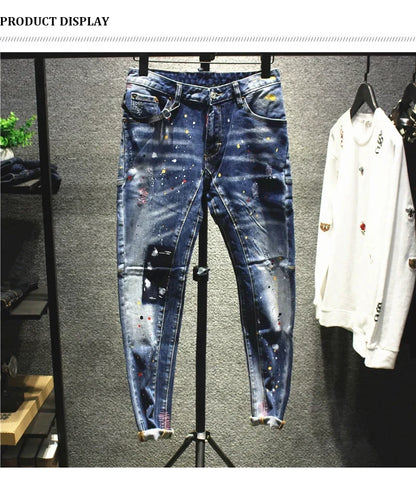 Street Fashion Men Jeans Retro Blue Stretch Slim Fit Spliced Ripped Jeans Men Painted Designer Hip Hop Vintage Denim Pants Homme