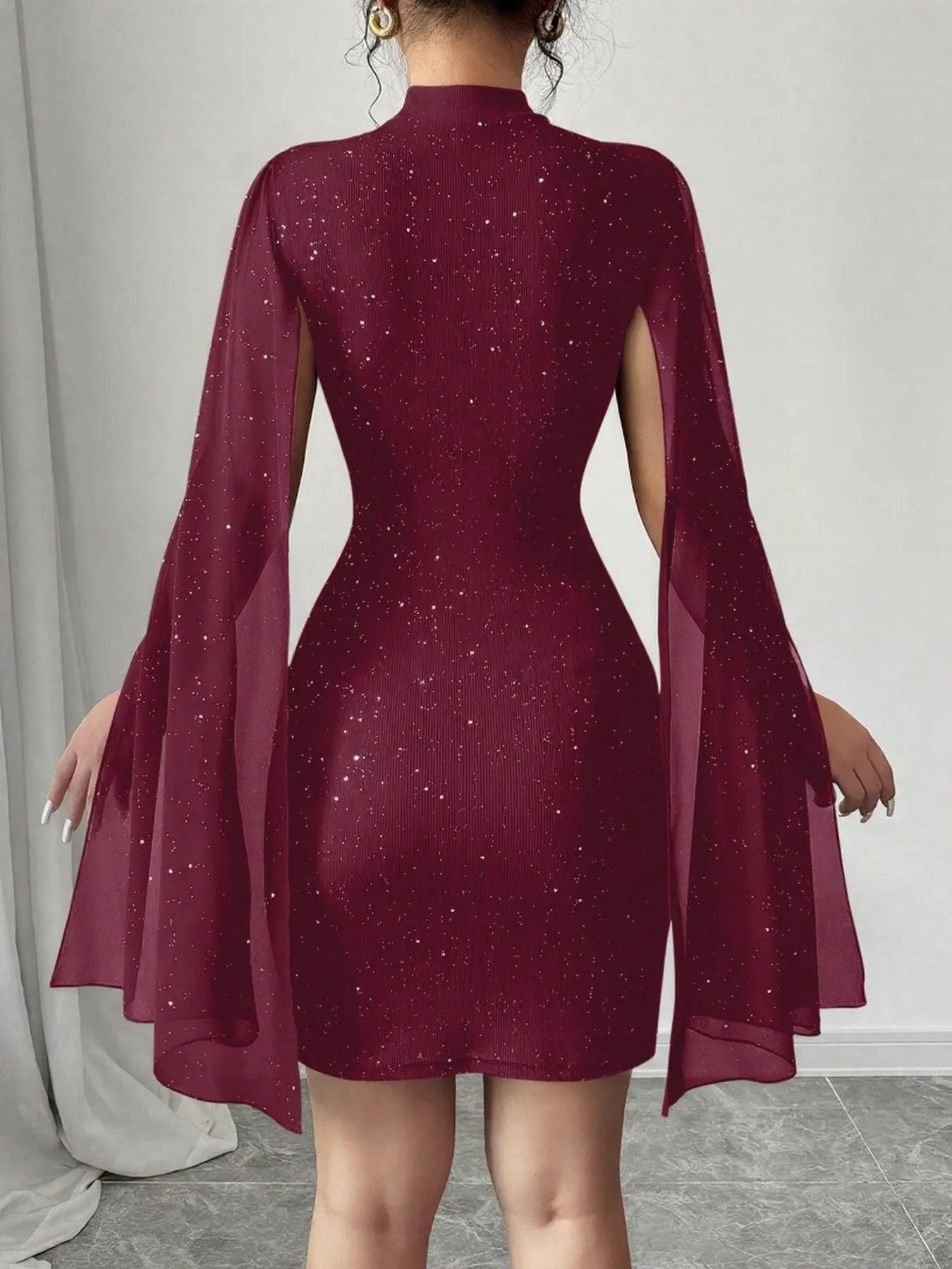 Sexy Women's Stand Collar Cape Mini Dress Sequins Sparkling Club Party Night Out Fitted Bodycon Elegant Autumn Winter