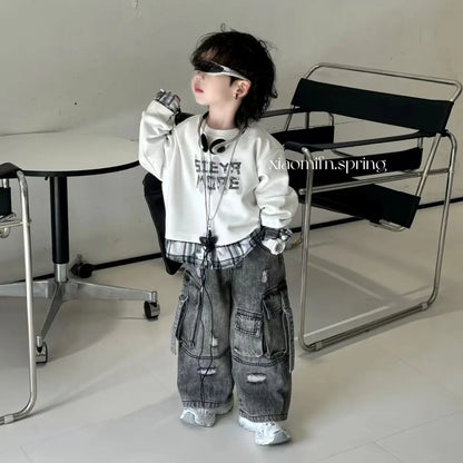 Boys Spring Autumn 2-piece Set Long Sleeved T-shirt Sweatshirt +Wide Leg Jeans Set New Patchwork Hoodie+ Denim Cargo Pants Set